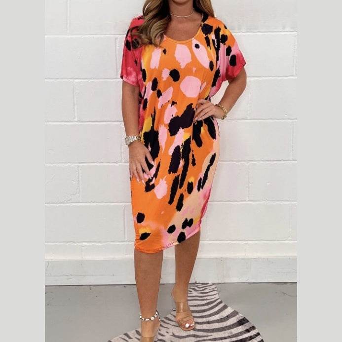 Plus Size Women's Printed Casual Short Sleeve Dress - Mubimart