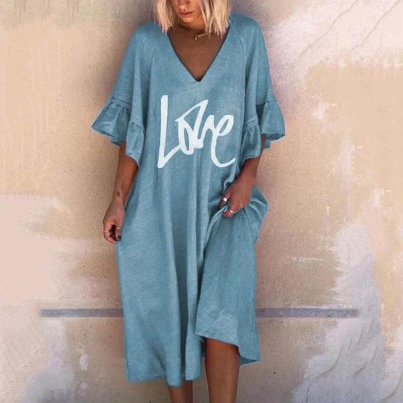 V-neck Lotus Leaf Sleeve Plus Size Dress Printing Fashion Casual Midi Skirt - Mubimart