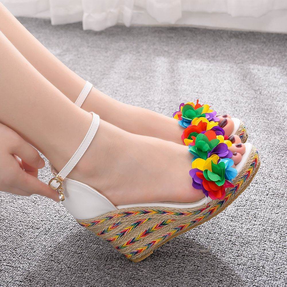 Colorful Flower Fish Mouth Wedge Sandals White Wedge Sandals - Mubimart