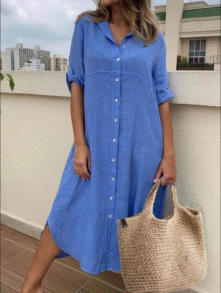 Plus Size Women's Cotton And Linen Shirt Dress - Mubimart
