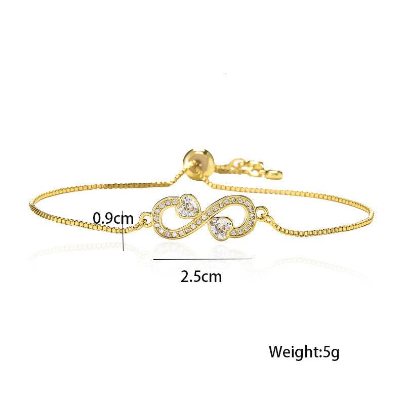 Pull Adjustable Brass Micro-set Zircon Heart Infinity Charm Bracelet Women - Mubimart