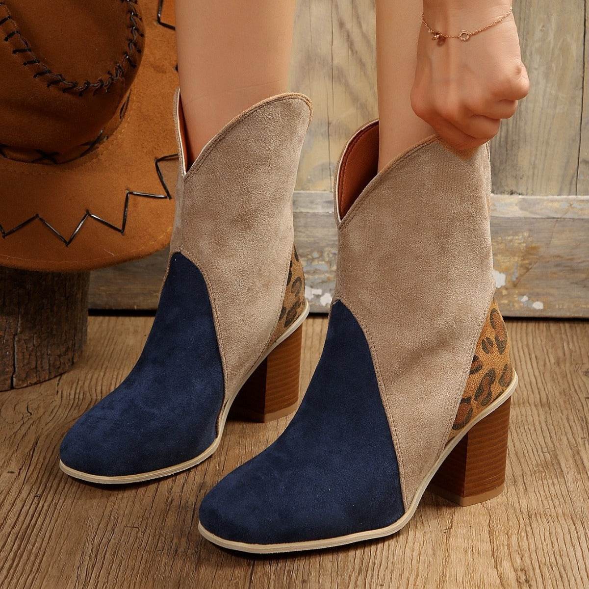 Fashion Splicing Suede Boots Retro Pointed-toe Square High Heel Mid-calf Boots For Women Fall And Winter Shoes - Mubimart