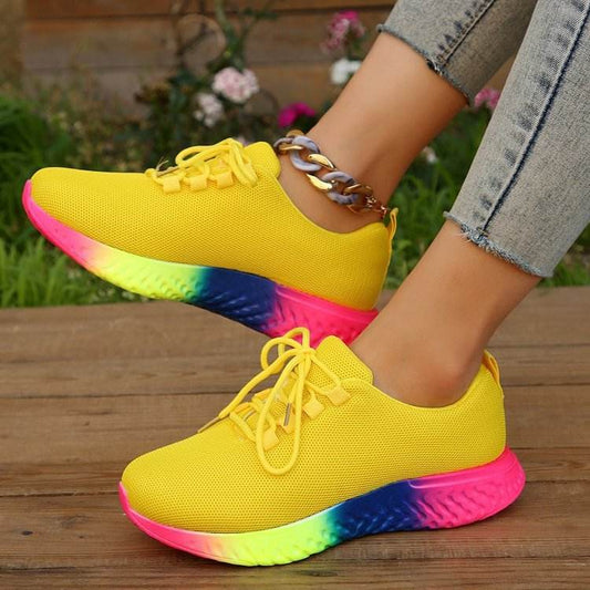 Lace-up Mesh Shoes With Rainbow Sole Design Fashion Walking Running Sports Shoes Sneakers For Women - Mubimart