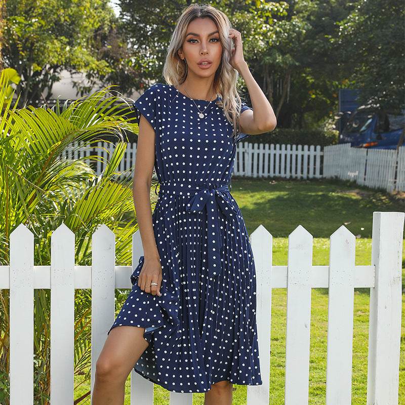 Summer Women Polka Dot Short Sleeve Dress Casual Bandage Party Pleated Midi Dresses Elegant Green Office Lady Clothing - Mubimart