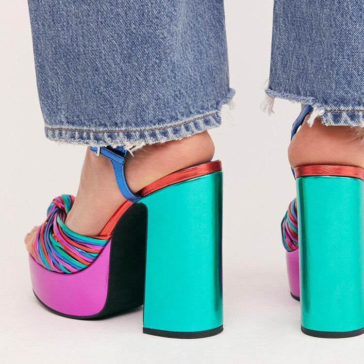 Women's Round Toe Hollow Platform Slingback Chunky High Heel Sandals - Mubimart