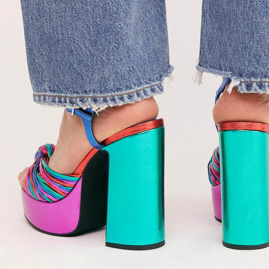 Women's Round Toe Hollow Platform Slingback Chunky High Heel Sandals - Mubimart