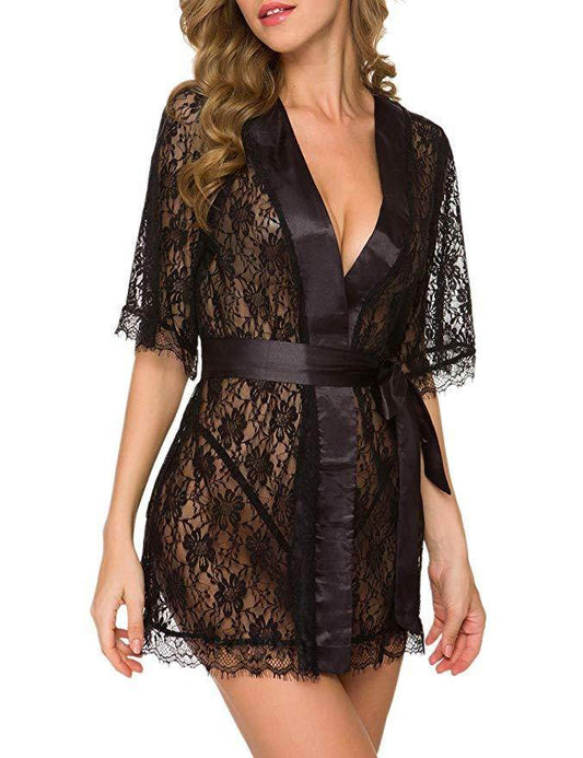Lingerie Women Lace Hollow-out Robe Suits Pajamas - Mubimart