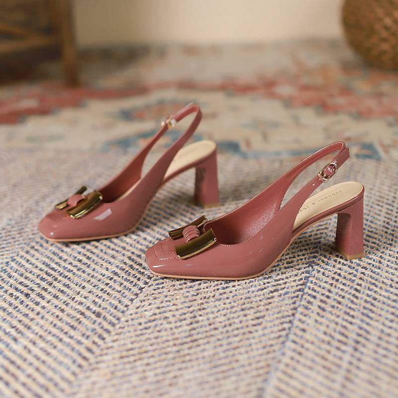 Chunky Heel Low-cut Square Toe Metal Buckle Slingback Sandals - Mubimart
