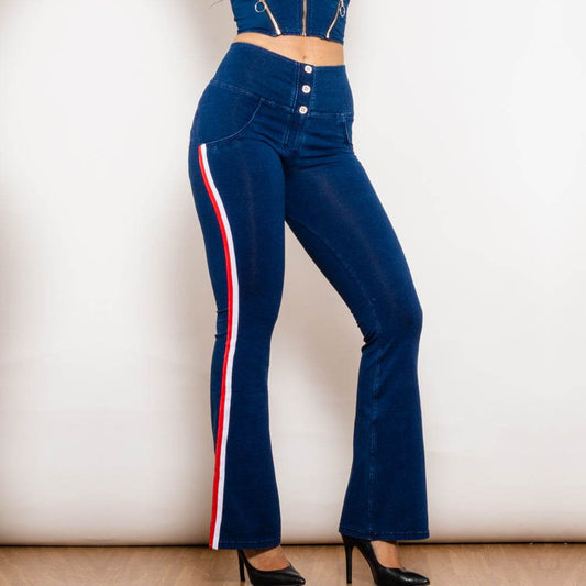 Shascullfites Melody Dark Blue Striped Flared Lift Jeggings Button Up Jeans Bum Lift Jeans High Waist Flare Jeans Women - Mubimart