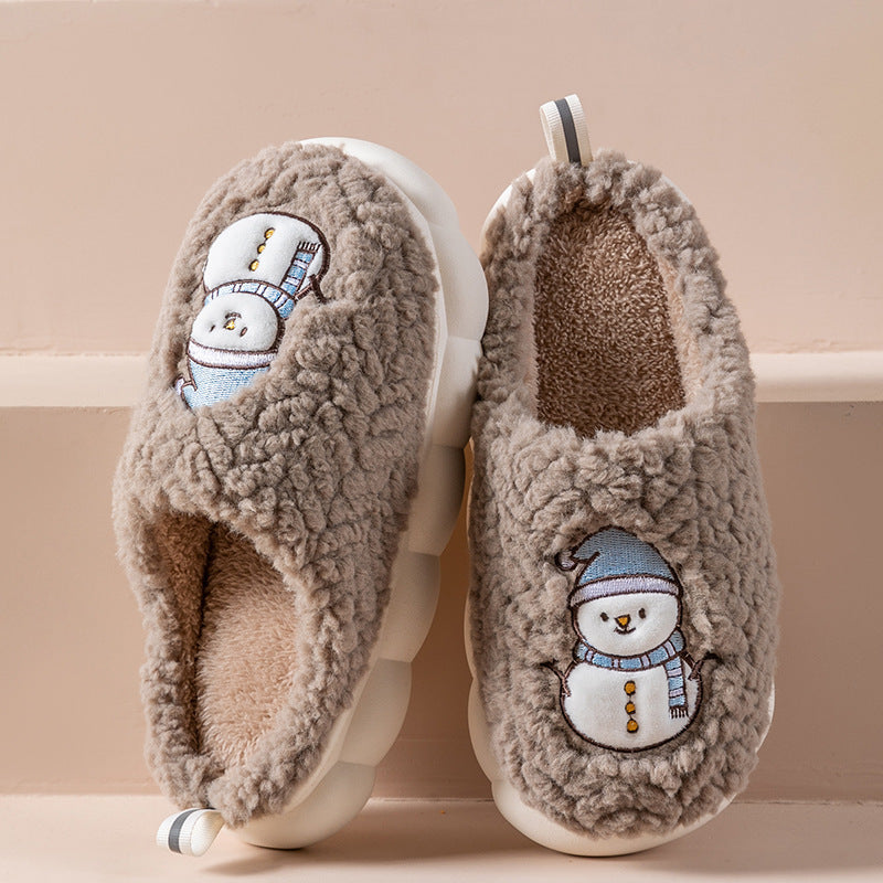 Cute Snowman Slippers Winter Indoor Household Warm Plush Thick-Soled Anti-slip Couple Home Slipper Soft Floor Bedroom House Shoes - Mubimart -  