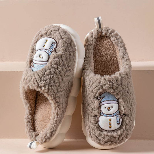Cute Snowman Slippers Winter Indoor Household Warm Plush Thick-Soled Anti-slip Couple Home Slipper Soft Floor Bedroom House Shoes - Mubimart