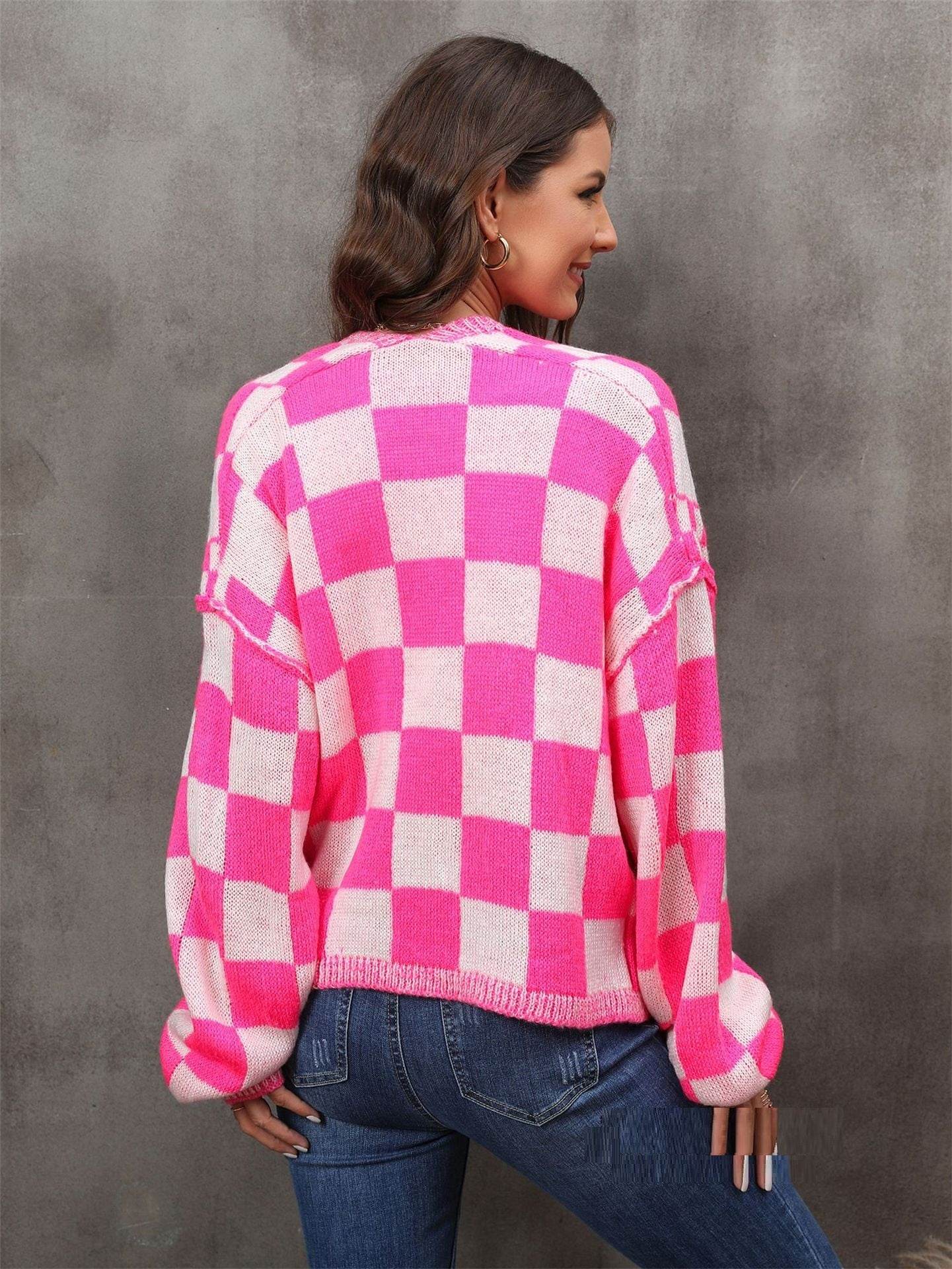 Fashion Plaid Cardigan Plus Size Coat Knitted Coat - Mubimart