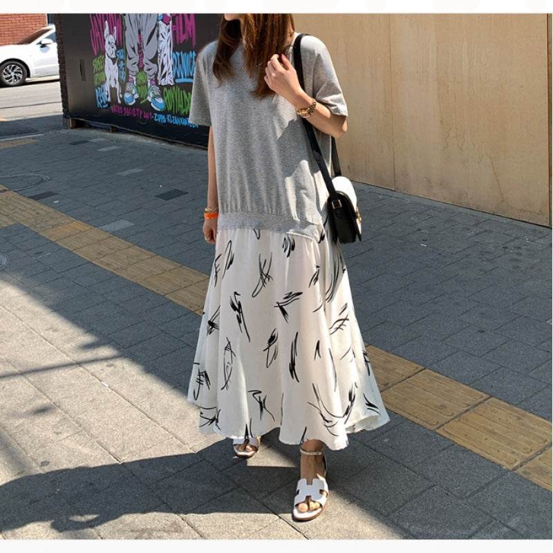 Summer Casual Plus Size Female Stitching Printing Dress - Mubimart