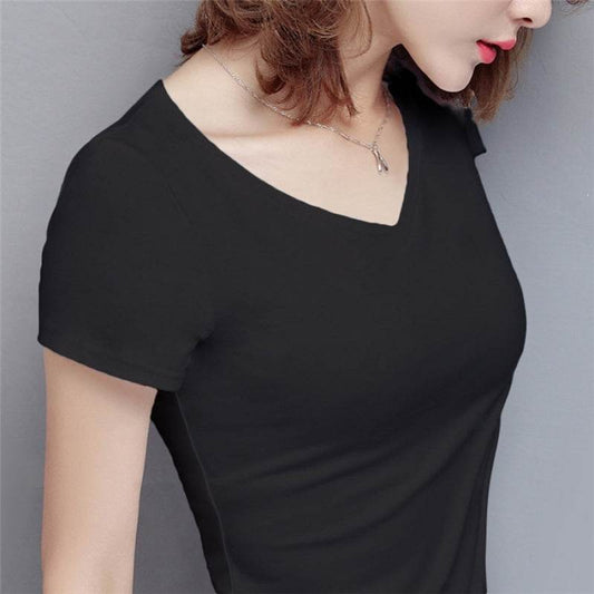 S-5XL Women's Cotton T-shirt Summer V-neck Tops Tees Female - Mubimart