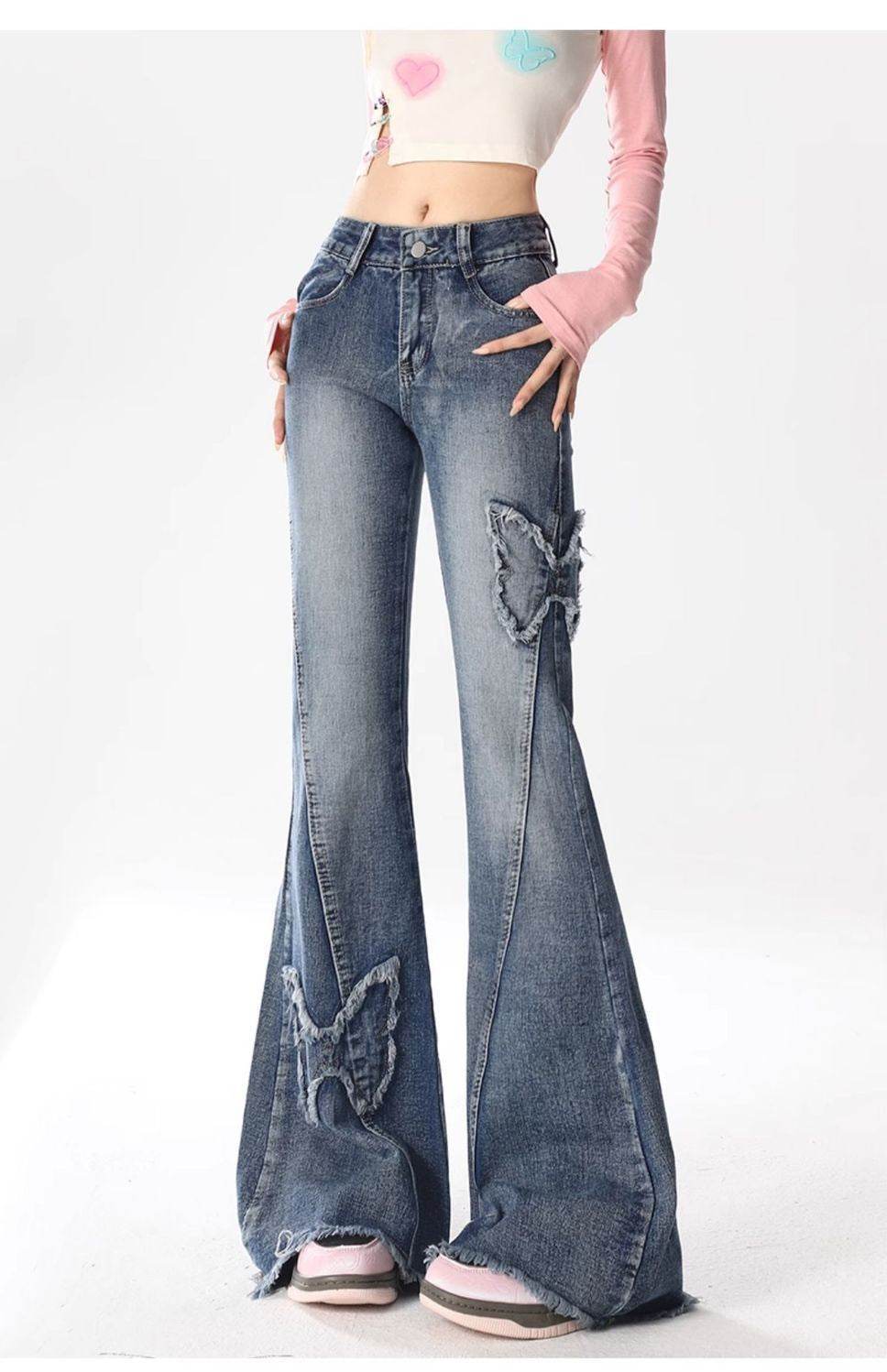 American Retro Butterfly Embroidery Slightly Flared Jeans Women - Mubimart