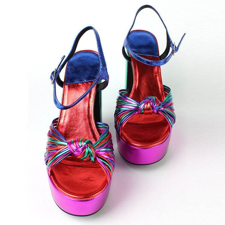 Women's Round Toe Hollow Platform Slingback Chunky High Heel Sandals - Mubimart