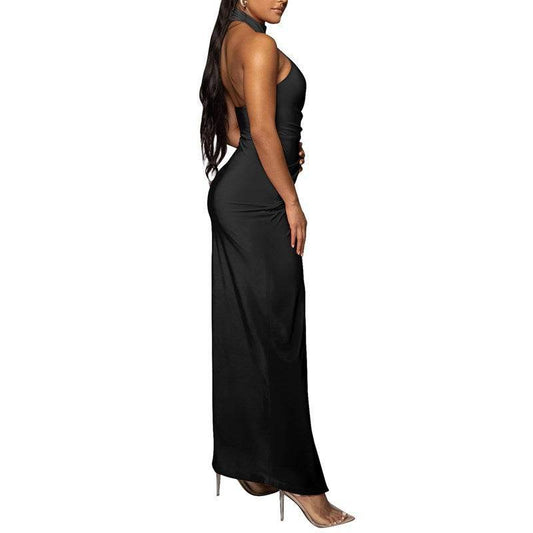 Halter Slit Formal Dress Long Dress Pleated Sleeveless - Mubimart