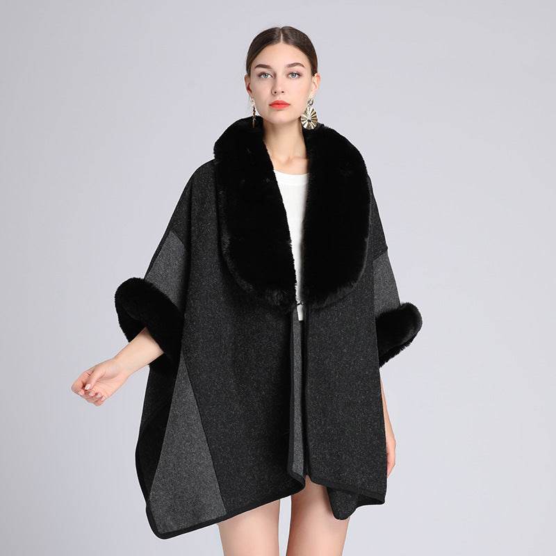 Imitation Rex Rabbit Fur Collar Cape And Shawl Women's Plus Size Loose Woolen Coat - Mubimart