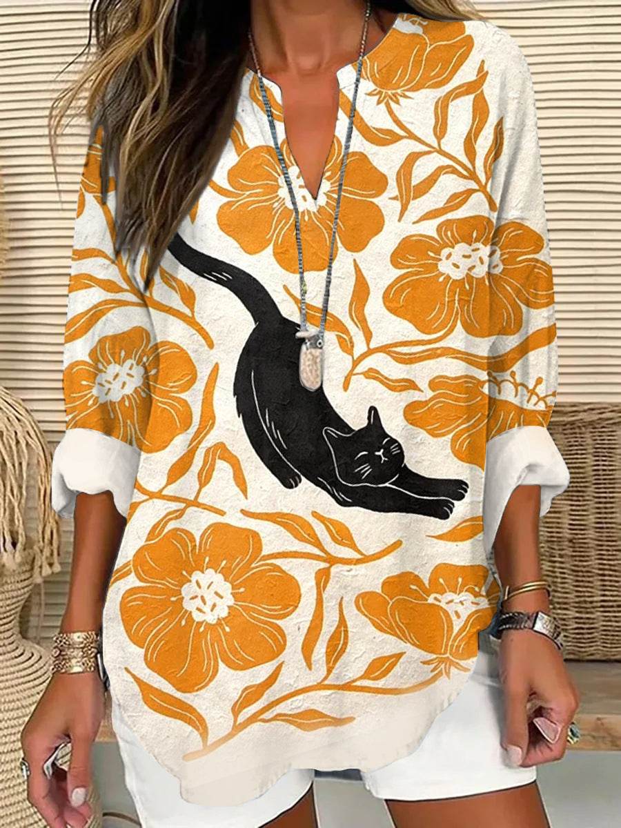 Loose Printed Neck Casual Plus Size Pullover - Mubimart