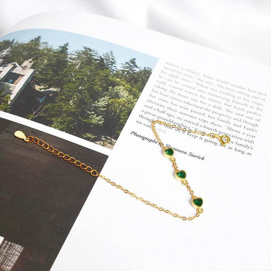French Retro S925 Sterling Silver Three Lovely Emerald Gemstone Bracelet - Mubimart