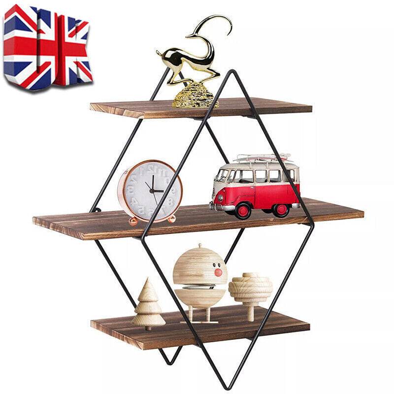 3 Tiered Floating Wall Mounted Display Shelf Wooden Shelves Black Frame Shelving - Mubimart