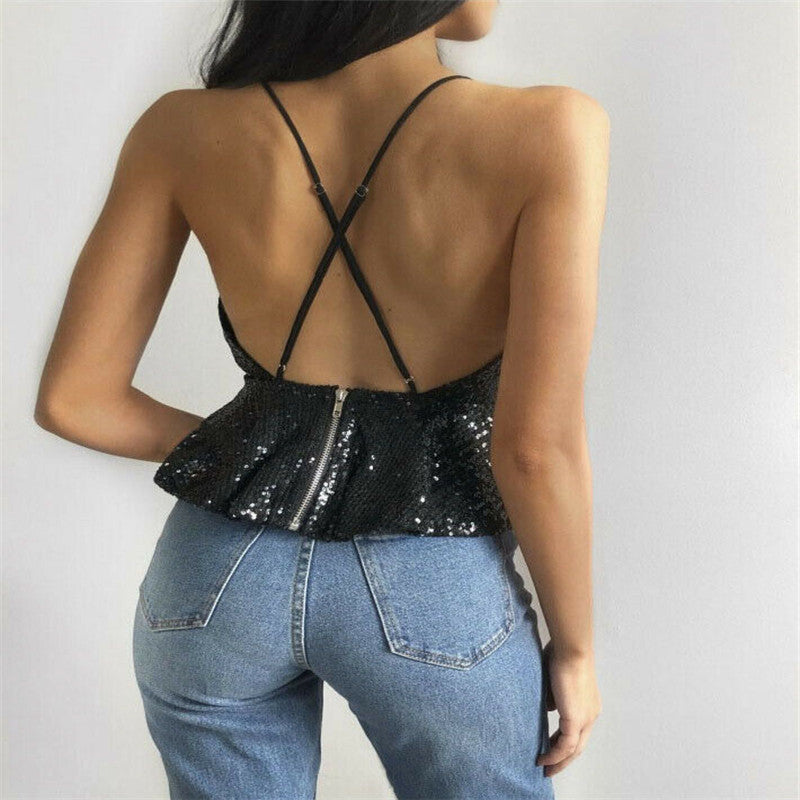 Women Sexy Luxury Sequined Crop Top Peplum Sleeveless Cropp - Mubimart -  