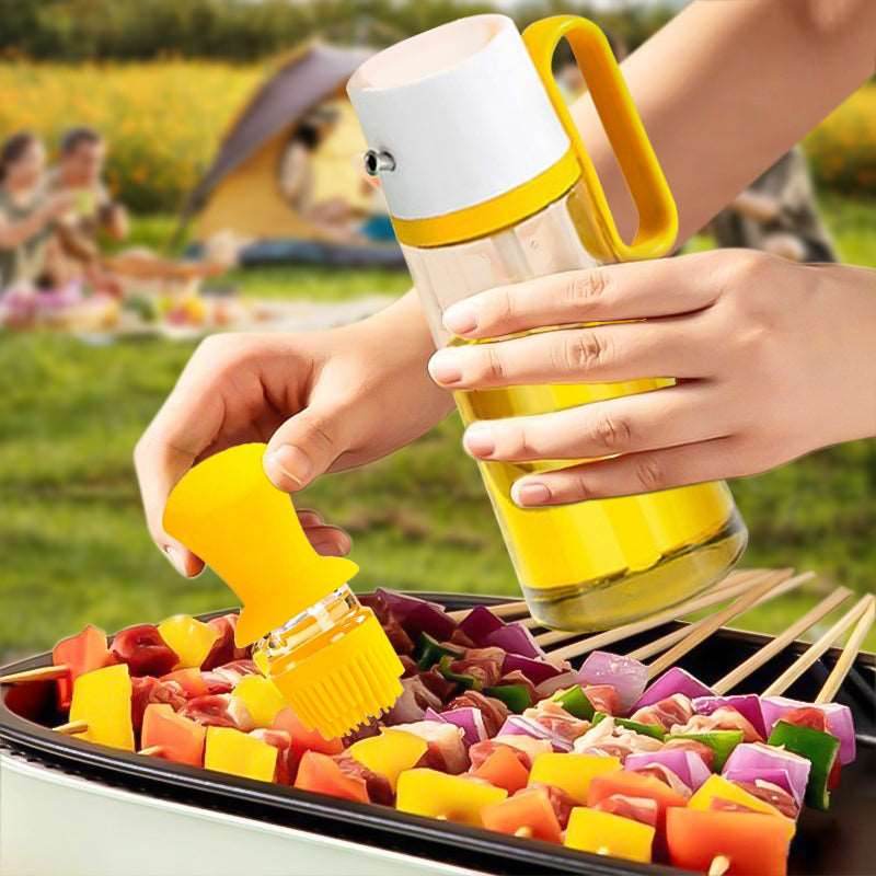 2 In 1 Oil Dispenser With Silicon Brush BBQ Oil Spray Glass Bottle Silicone For Barbecue Cooking Seasoning Bottle Kitchen Gadgets - Mubimart