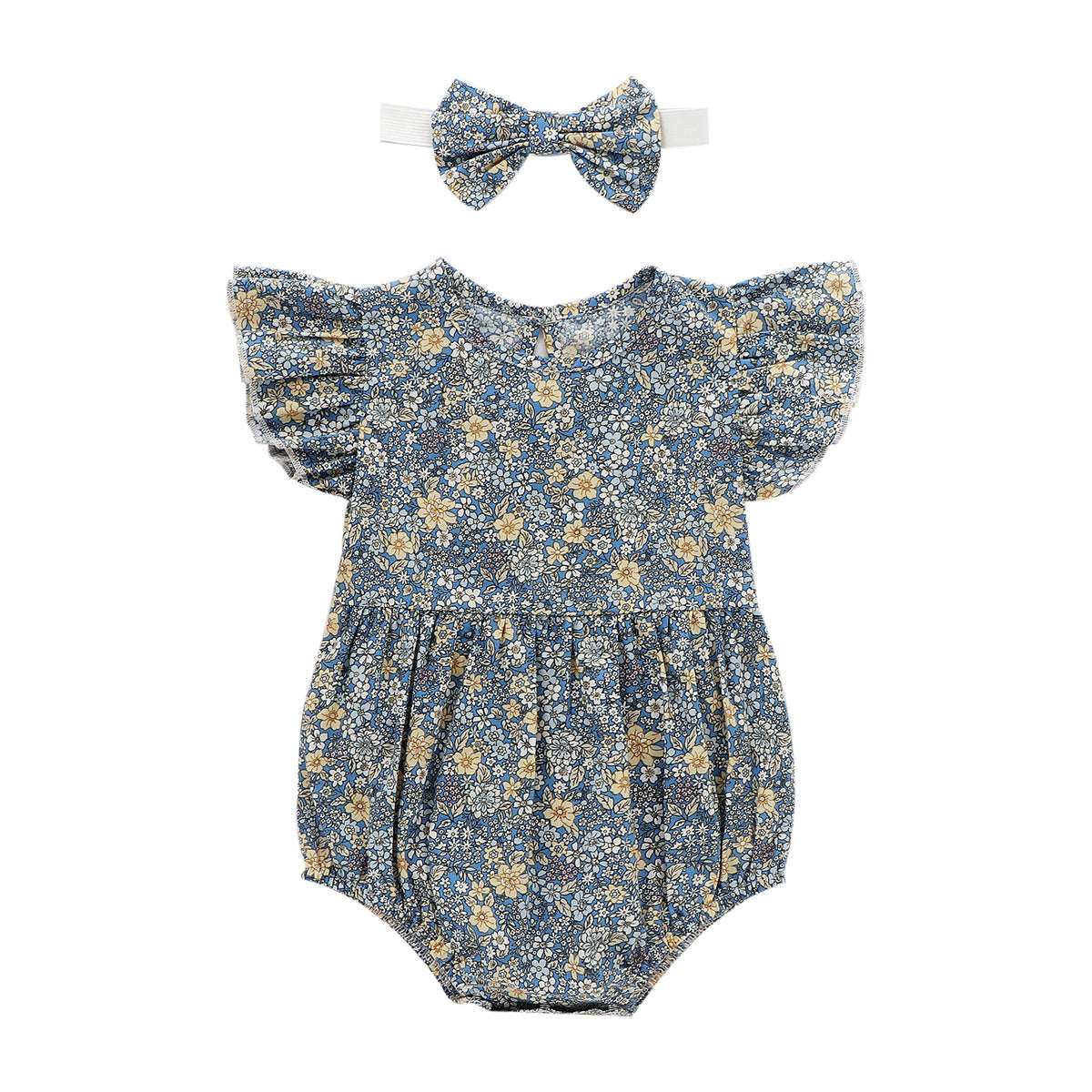 2-Piece Set Of Ruffles And Headband Jumpsuit With Ruffle Sleeves Printed Floral Baby Girl Summer Dress - Mubimart - Baby Cloth 