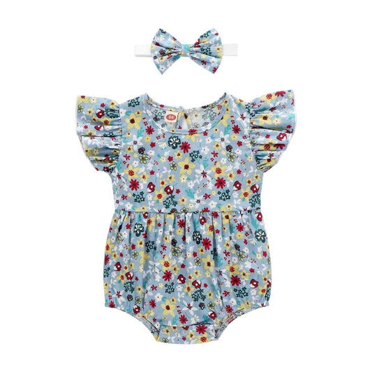 2-Piece Set Of Ruffles And Headband Jumpsuit With Ruffle Sleeves Printed Floral Baby Girl Summer Dress - Mubimart