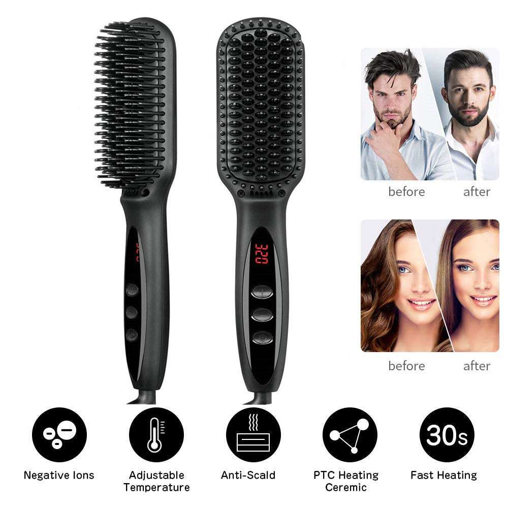 2 in1 Hair Straightener Brush Heating Beard Clip Comb Styler Electric Ionic Straightening Brush - Mubimart - Beard Comb 