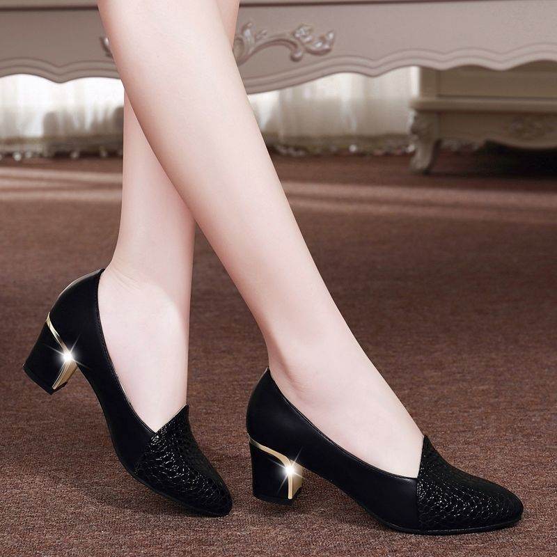 Pointed Single Shoes Women's Middle Heel Thick Heel Shoes Large Size Work Shoes - Mubimart