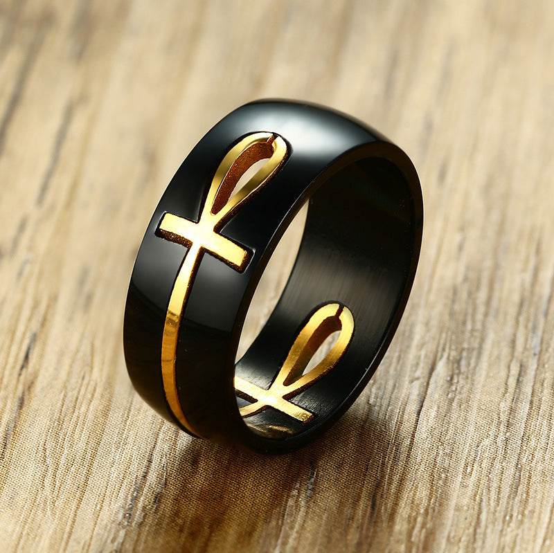 Separable Ankh Egyptian Cross Ring Men Personalized Black Gold Stainless Steel Key of Life Wedding Male Anel Jewelry - Mubimart