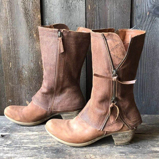 Women's Fashion Casual Side Zipper Mid-calf Leather Boots - Mubimart