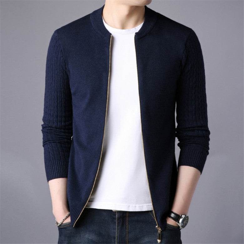 Solid Color Twist Knit Cardigan With Zip Sweater Coat - Mubimart