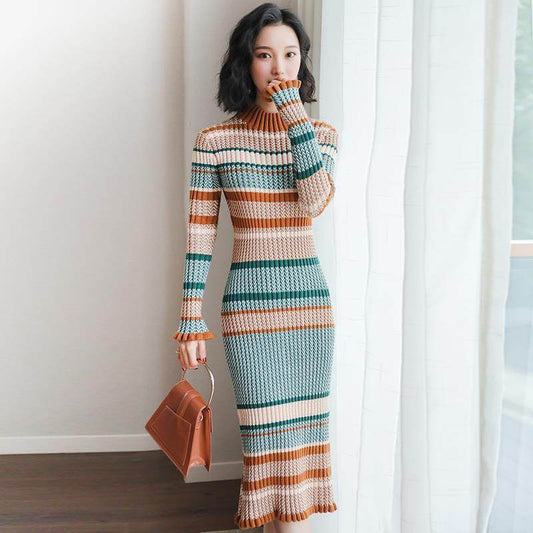 Knit Turtleneck Dress - Mubimart
