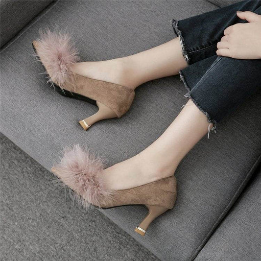 Pure color pointed hairy shallow mouth with a single shoes female Korean version of the wild professional work shoe - Mubimart
