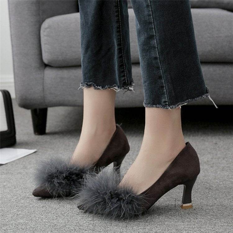 Pure color pointed hairy shallow mouth with a single shoes female Korean version of the wild professional work shoe - Mubimart