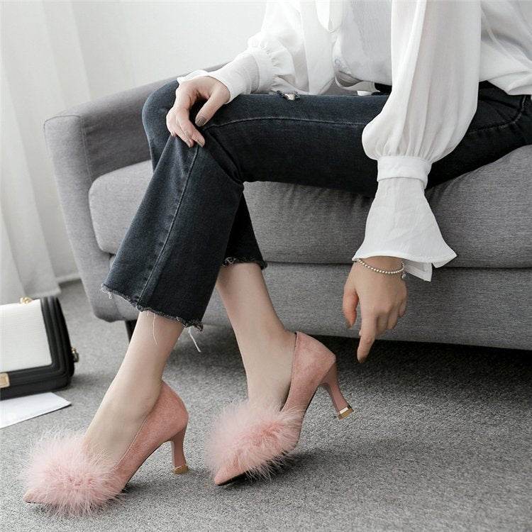Pure color pointed hairy shallow mouth with a single shoes female Korean version of the wild professional work shoe - Mubimart