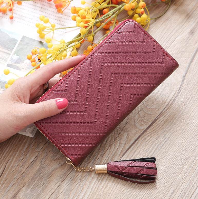 New women's wallet single pull fringed bag long zipper student bag clutch bag - Mubimart