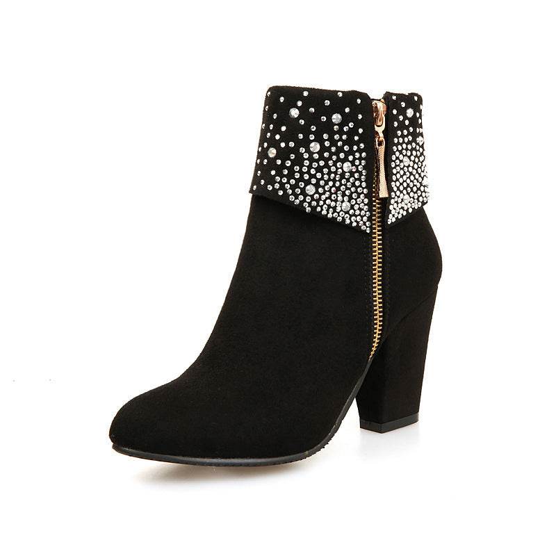 Rhinestone nubuck short heel women boots - Mubimart