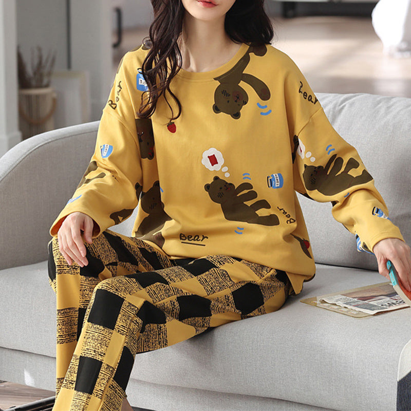 Loose Print Pajamas Women Autumn Winter Pyjama Set Long Sleeves And Trousers Elegant Sleepwear Girl Loungewear Home Clothes - Mubimart -  