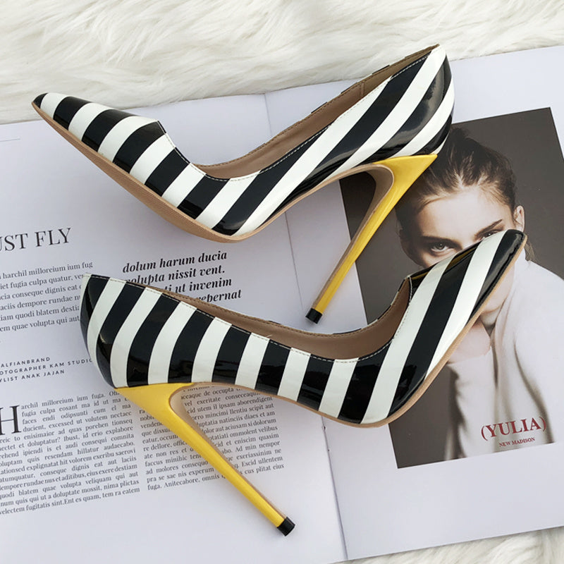 Striped patent leather point-toe pumps