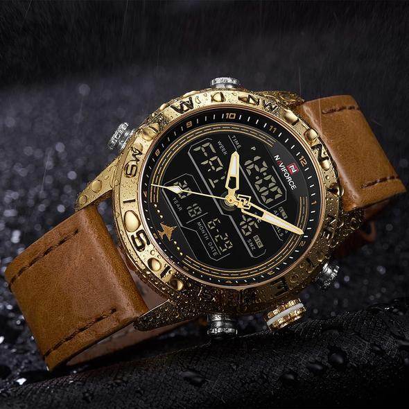 NAVIFORCE 9144 Fashion Gold Men Sport Watches Mens LED Analog Digital Watch Army Military Leather Quartz Watch Relogio Masculino - Mubimart