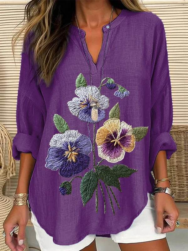 Loose Printed Neck Casual Plus Size Pullover - Mubimart