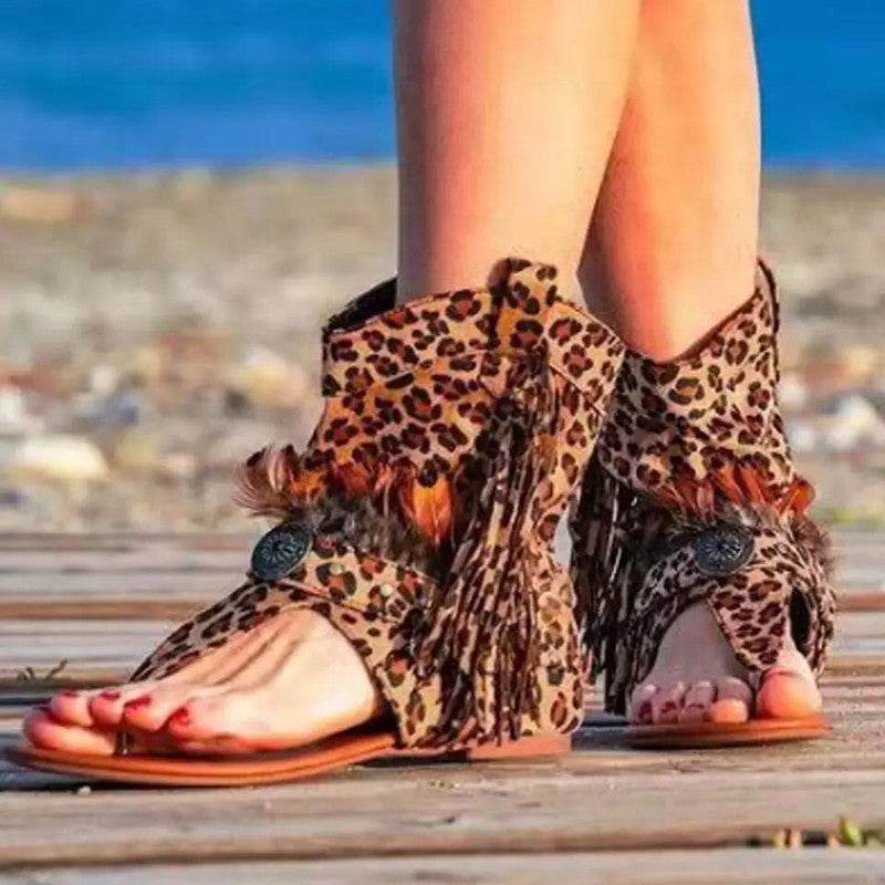 Leopard Fringe Flip Flops - Mubimart