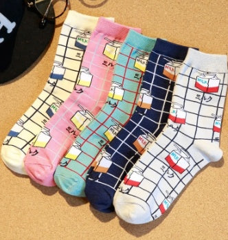 Milk Grid Crew Socks - Mubimart -  