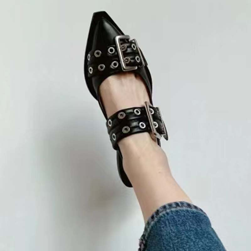 Pointed Toe Belt Buckle Mules Leather Flat Sandals