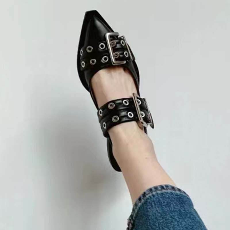 Pointed Toe Belt Buckle Mules Leather Flat Sandals - Mubimart
