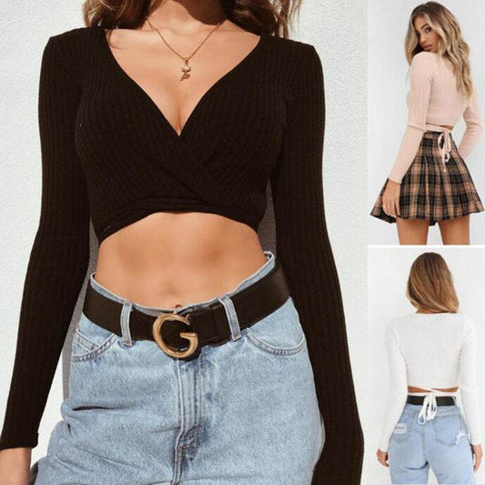 Sexy Women Ladies Summer Slim Crop Tops Long Sleeve T Shirt Casual Solid V Neck Knitted Short Tops - Mubimart