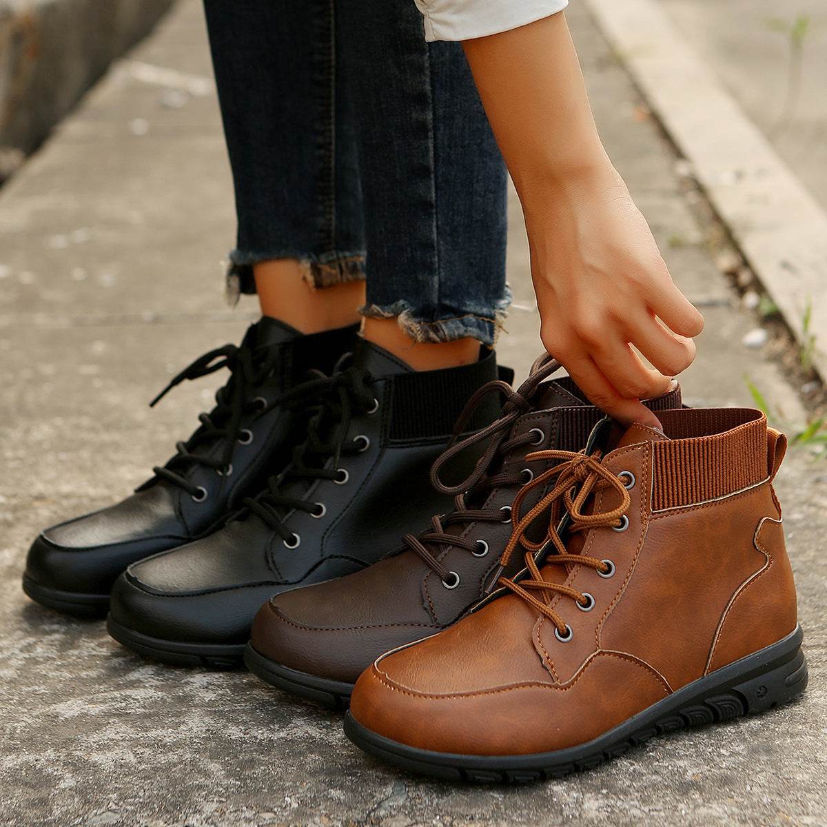 Round Toe Lace-up Ankle Boots Fall Winter Fashion Versatile Non-slip Flat Shoes Retro Western Cowboy Ankle Boot For Women - Mubimart